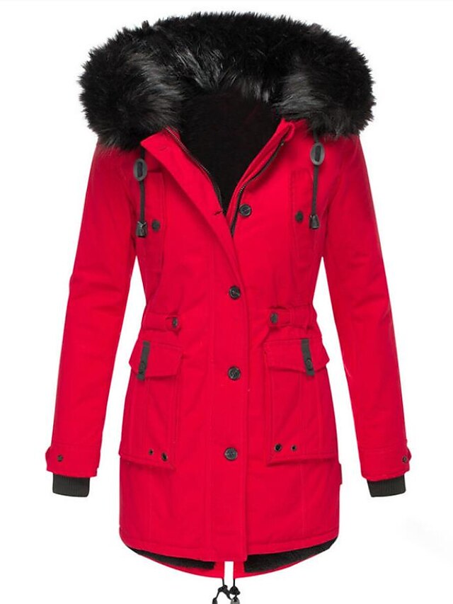 Womens Clothing Womens Outerwear | Womens Parka Padded Long Coat Regular Fit Jacket Solid Colored Black Red - RJ67880