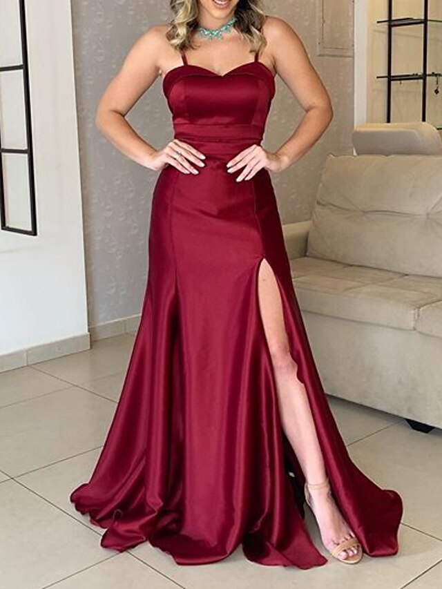  A-Line Evening Dresses Sexy Dress Wedding Guest Sweep / Brush Train Sleeveless Sweetheart Neckline Charmeuse with Slit 2022 / Formal Evening