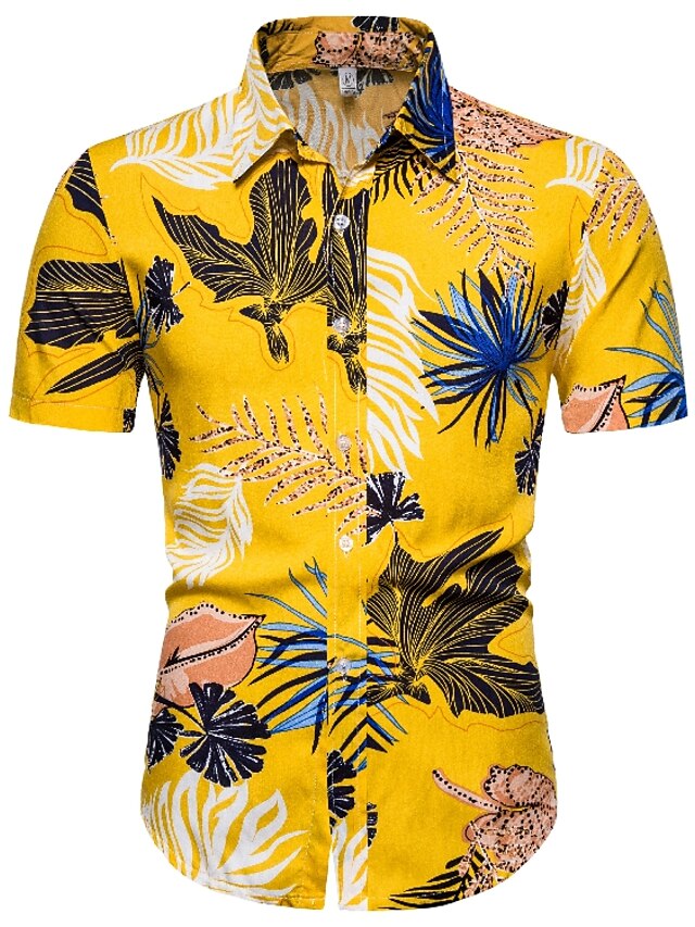 Men's Shirt Tribal Shirt Collar Daily Short Sleeve Tops Basic Yellow ...