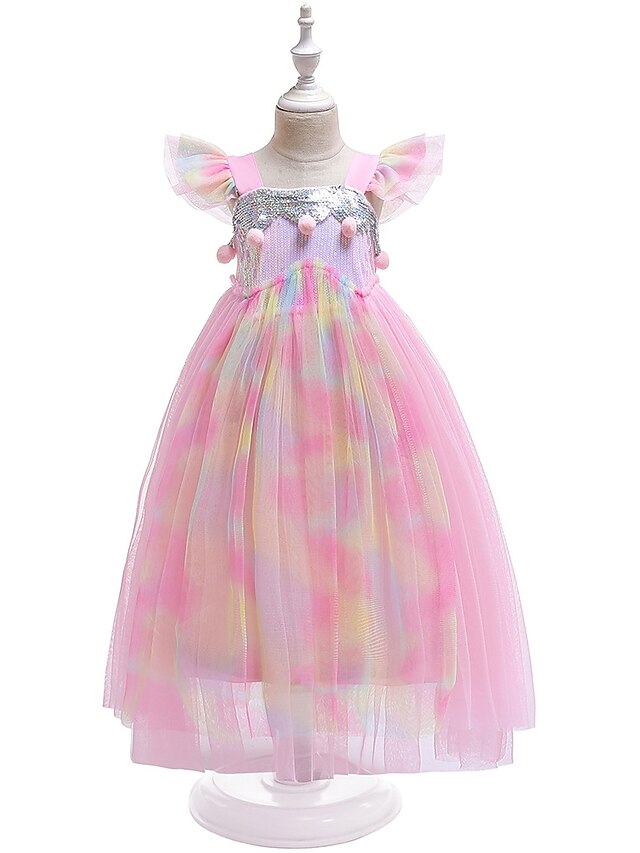  Kids Little Girls' Dress Unicorn Rainbow Color Block Sequins Mesh Lace Trims Pink Midi Sleeveless Active Boho Dresses Children's Day Regular Fit
