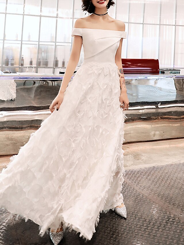  A-Line White Elegant Prom Formal Evening Dress Off Shoulder Short Sleeve Floor Length Polyester with Ruched 2021