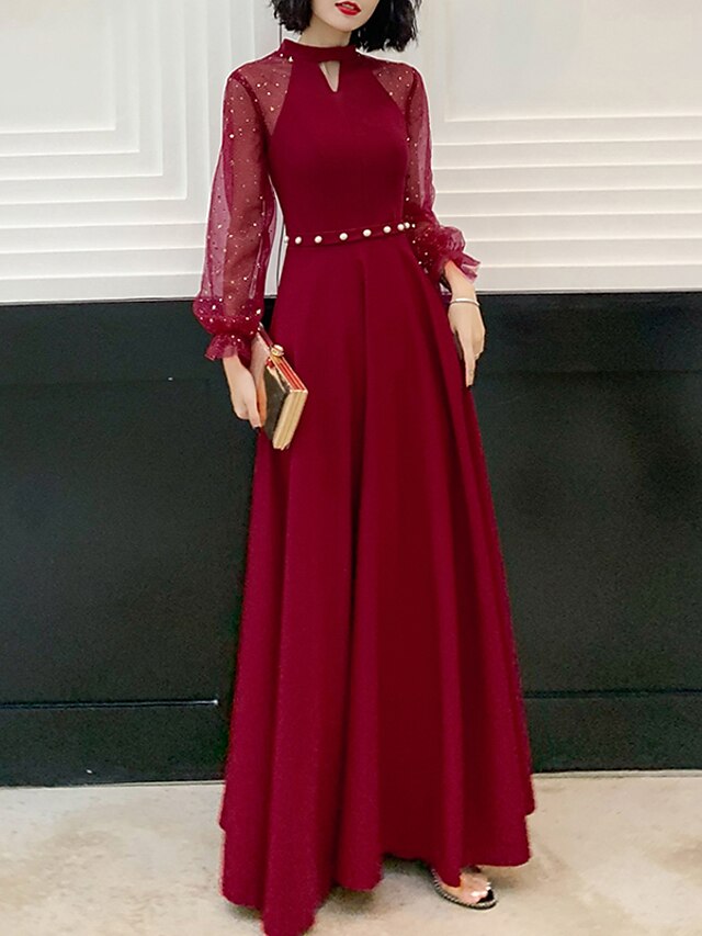  A-Line Hot Prom Formal Evening Dress Jewel Neck Long Sleeve Floor Length Spandex with Beading Sequin 2021