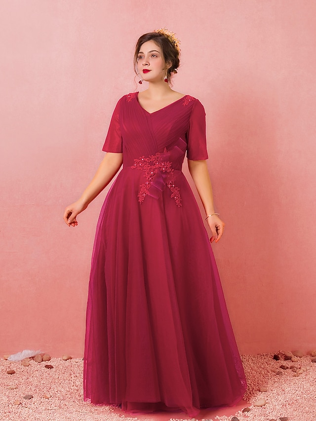  A-Line Evening Dresses Plus Size Dress Engagement Floor Length Short Sleeve V Neck Lace with Bow(s) Criss Cross 2022 / Formal Evening