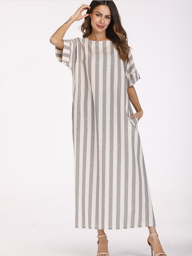  Women's Shift Dress Maxi long Dress Gray Short Sleeve Striped Round Neck Loose M L XL XXL 3XL 4XL 5XL