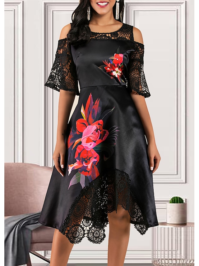  Women's A-Line Dress Midi Dress - Short Sleeve Floral Lace Ruffle Streetwear Black M L XL XXL 3XL