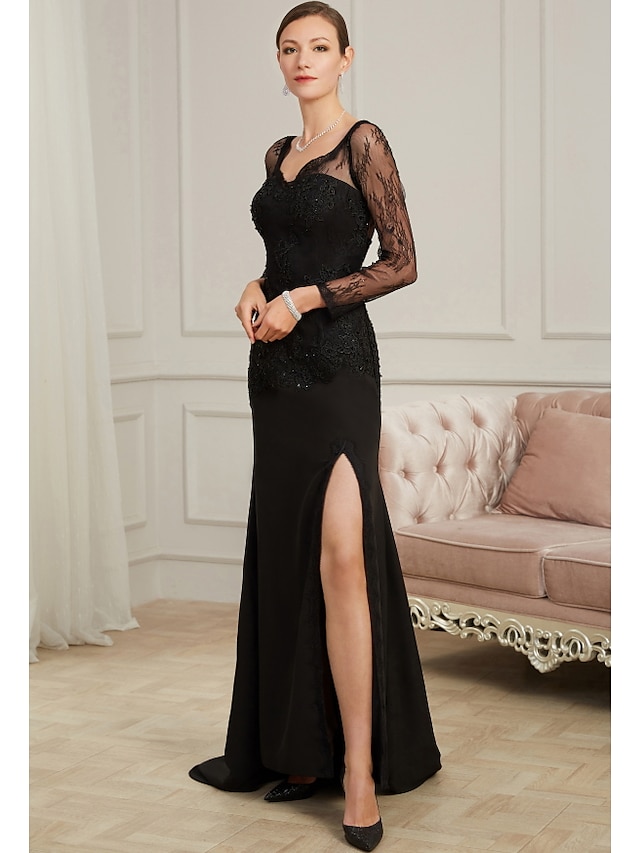  Sheath / Column Evening Gown Sexy Dress Party Wear Sweep / Brush Train Long Sleeve V Neck Chiffon with Beading Slit Appliques 2023