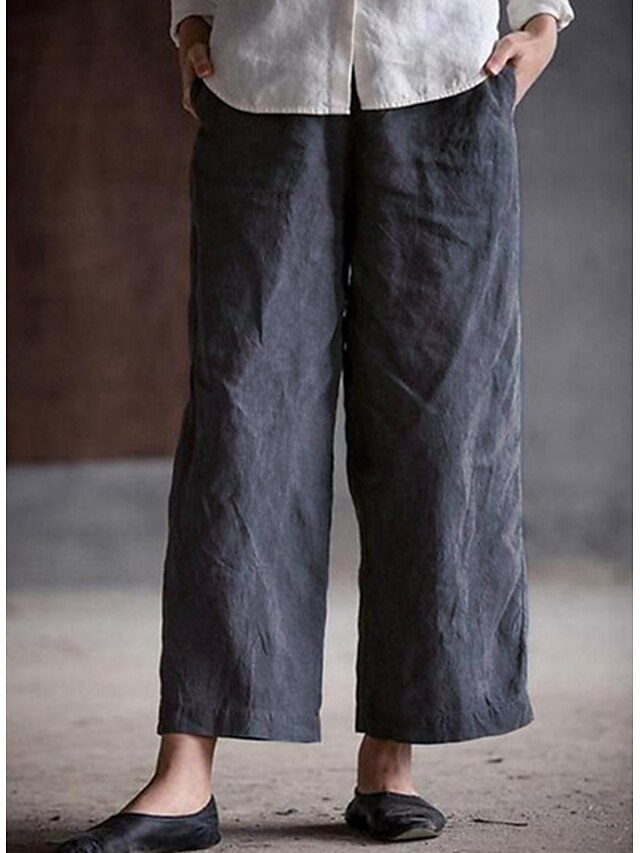  Women's Basic Wide Leg Pants Solid Colored Cotton Mid Waist Loose Blue White Black Wine Gray S M L XL XXL