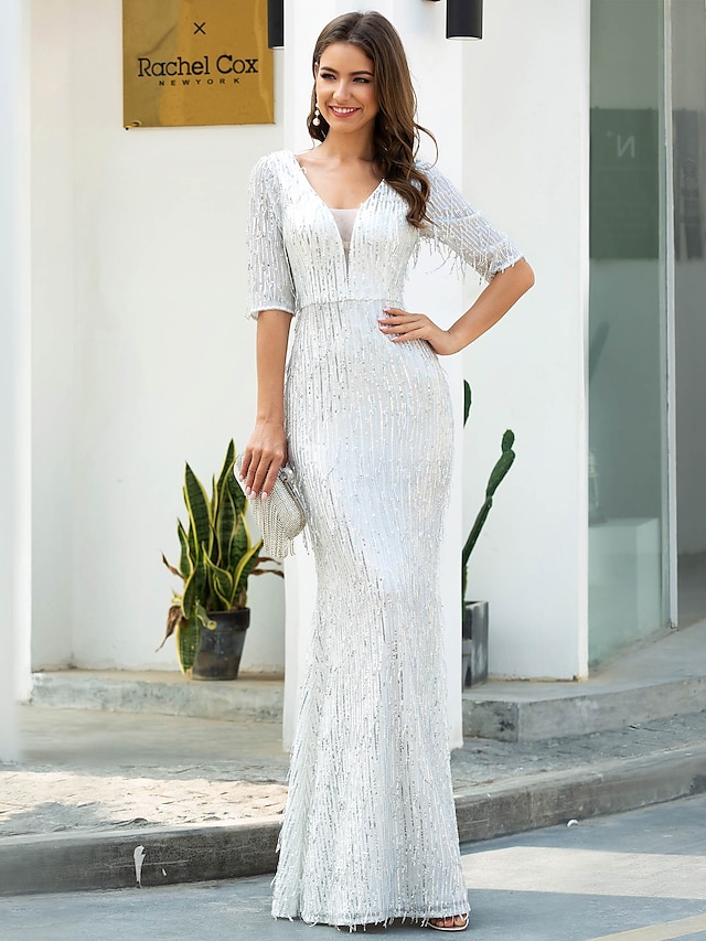  Sheath / Column Evening Gown Glittering Dress Engagement Floor Length Half Sleeve V Neck Polyester with Sequin Tassel 2023
