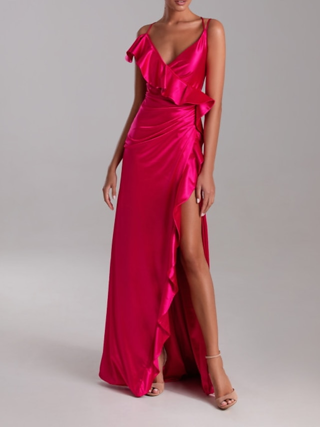  Ίσια Γραμμή Βραδινά φορέματα Σέξι Φόρεμα Αρραβώνας Ουρά Αμάνικο Λαιμόκοψη V Πολυεστέρας με Βολάν Φόρεμα 2022 / Επίσημο Βραδινό