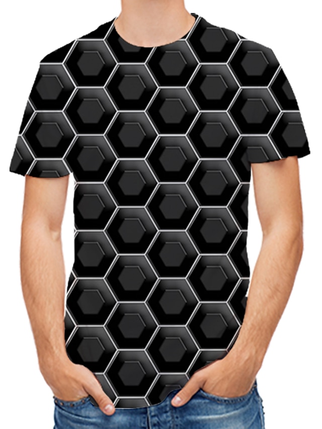  Herren T-Shirt Geometrisch Druck Oberteile Schwarz