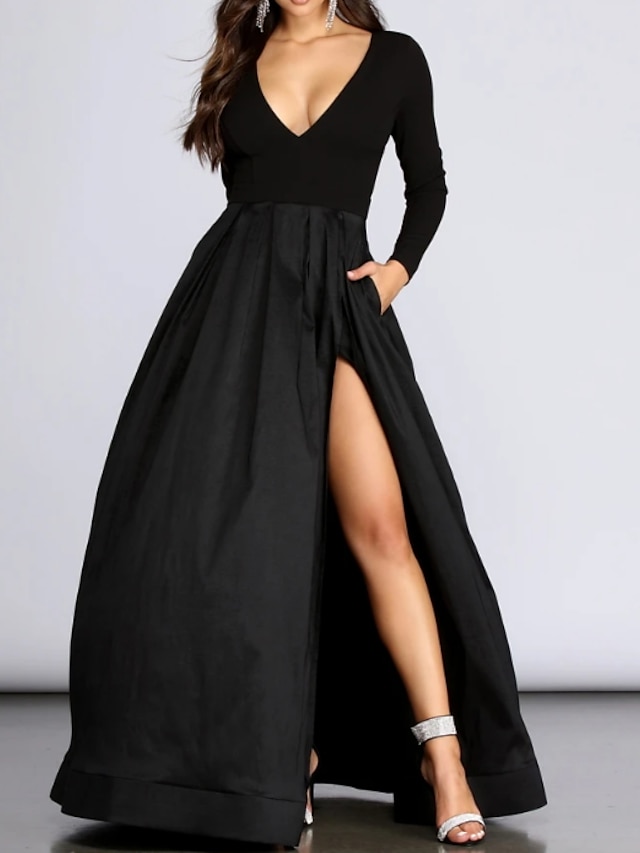  Ball Gown Prom Dresses Elegant Dress Prom Formal Evening Floor Length Long Sleeve V Neck Spandex with Pleats Slit 2024