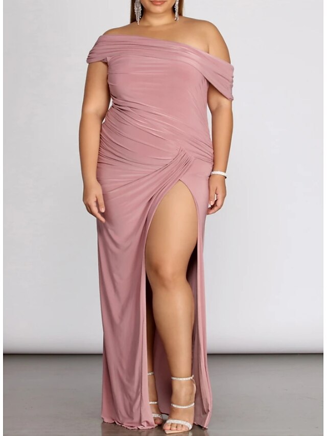  Sheath / Column Plus Size Prom Formal Evening Dress One Shoulder Sleeveless Floor Length Spandex with Pleats Slit 2022