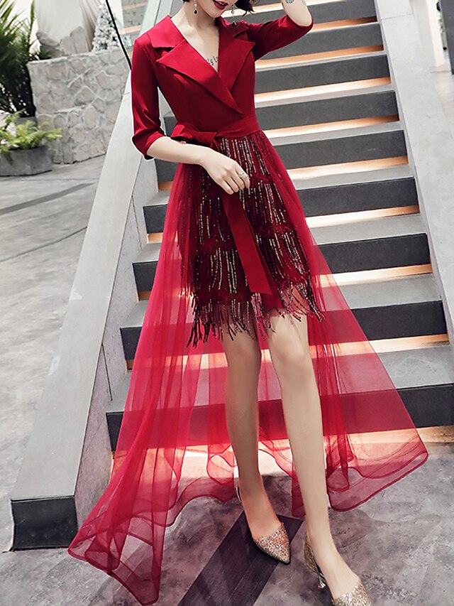  Sheath / Column Hot Party Wear Prom Dress V Neck Half Sleeve Asymmetrical Tulle Sequined with Sequin Tassel 2021