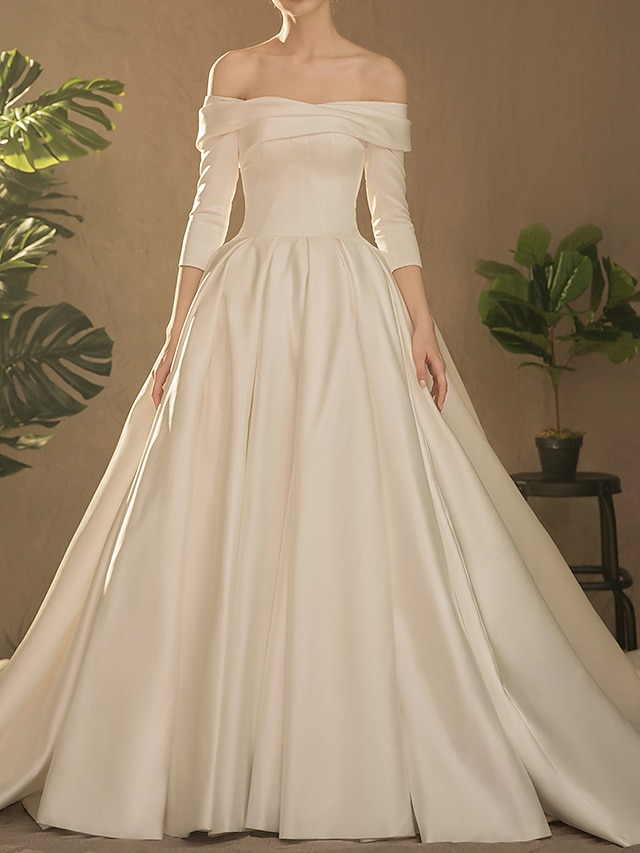 Ball Gown Wedding Dresses Off Shoulder Watteau Train Satin Half Sleeve ...