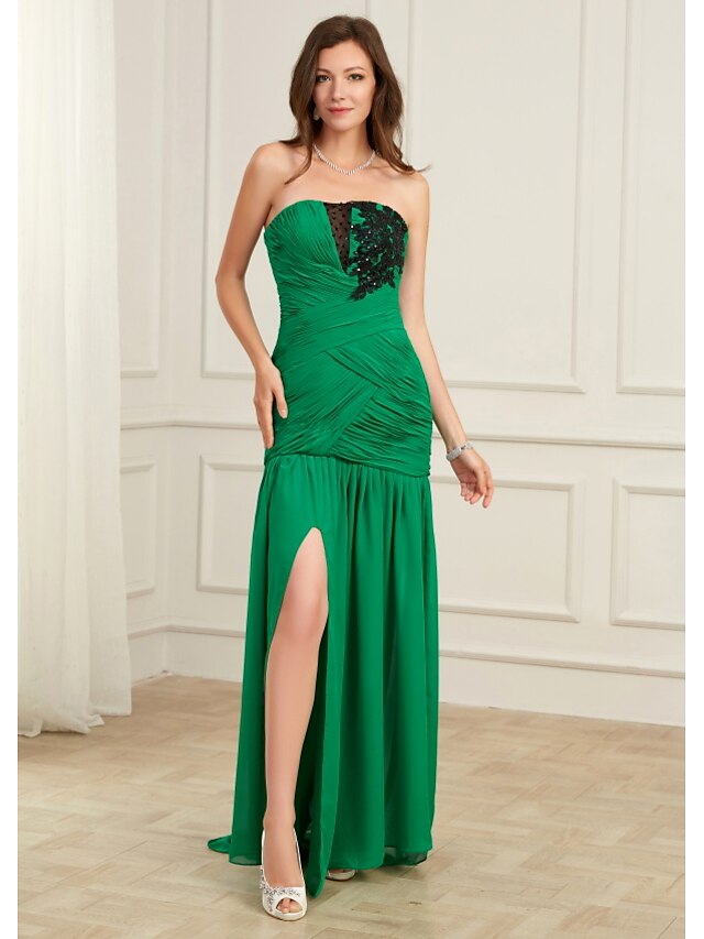  Mermaid / Trumpet Evening Gown Sexy Dress Party Wear Floor Length Sleeveless Strapless Chiffon with Ruched Slit 2023