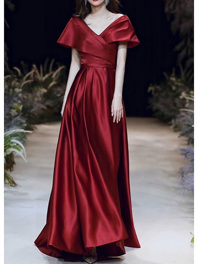  A-Line Prom Dresses Elegant Dress Prom Floor Length Short Sleeve V Neck Satin with Pleats Ruched 2023