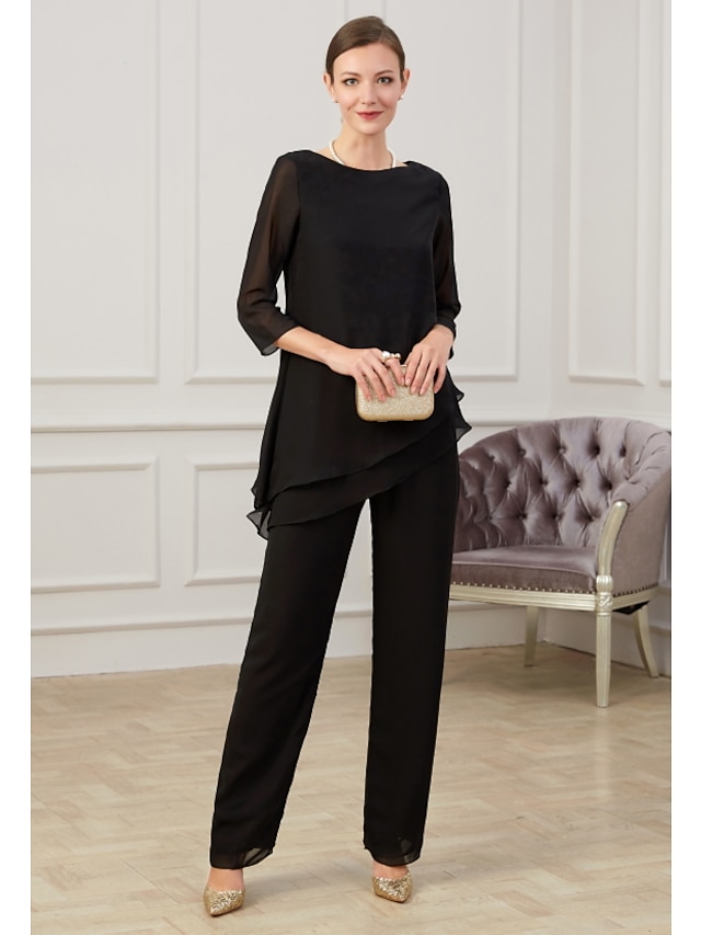  חליפת מכנסיים שמלה לאם הכלה  אלגנטית עם תכשיטים עד הריצפה שיפון חצי שרוול עם סלסולים 2022