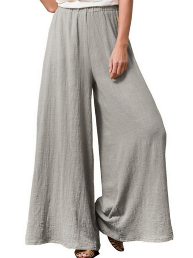  Women's Basic Cotton Loose Wide Leg Pants Solid Colored Blue Yellow Wine