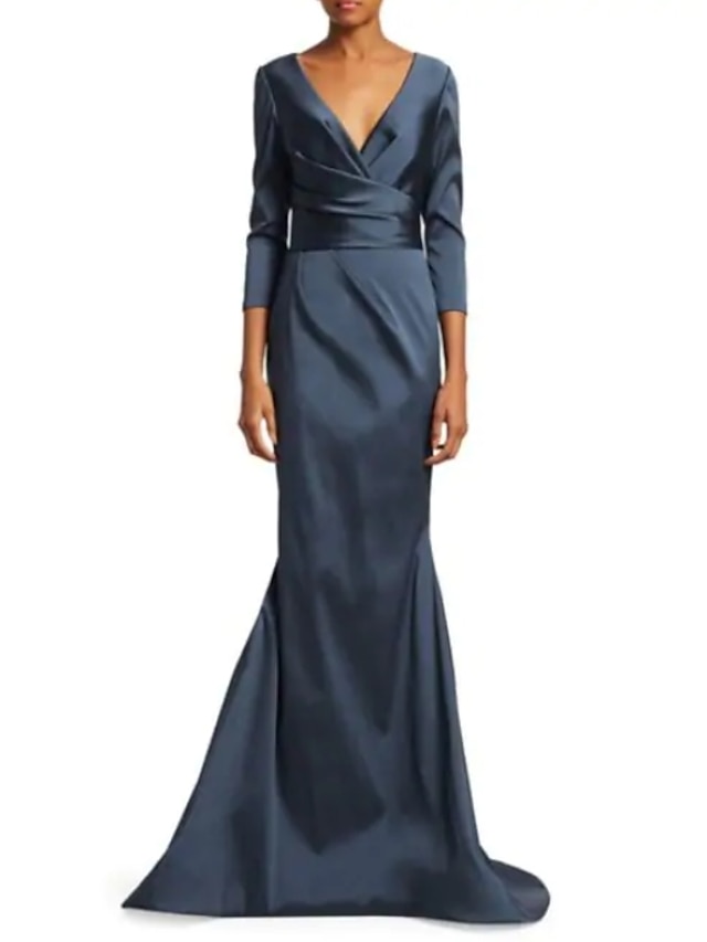  Meerjungfrau Brautmutterkleid Eleganter tiefer Ausschnitt Sweep  Brush Train Satin 3/4 Ärmel mit Raffung 2025 Maßanfertigung kostenlos