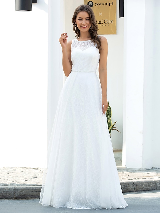  Beach Wedding Dresses A-Line Scoop Neck Sleeveless Floor Length Lace Bridal Gowns With Lace 2024