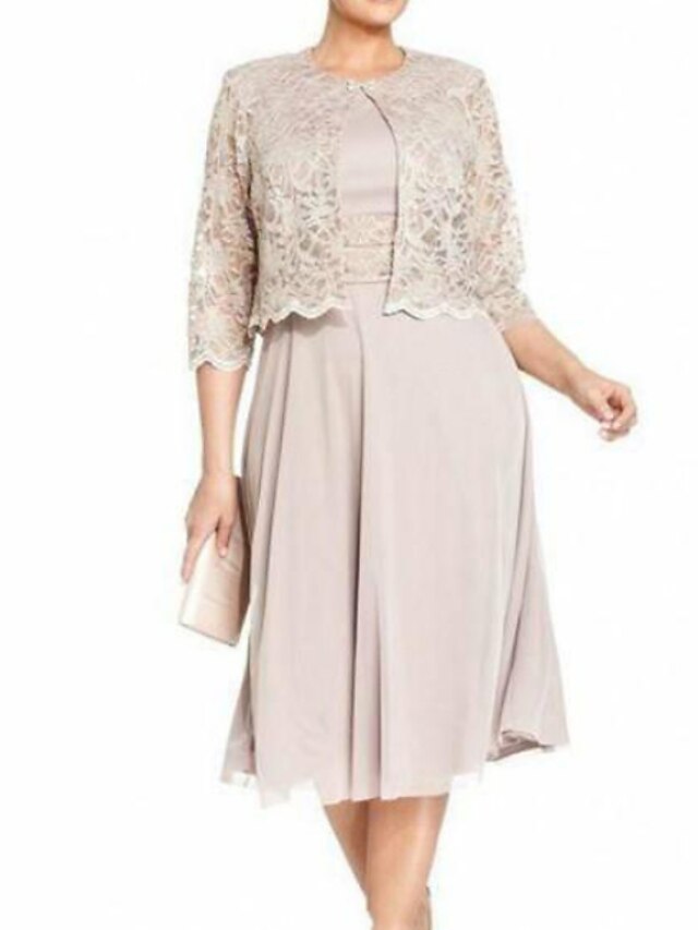  Sheath / Column Mother of the Bride Dress Elegant Jewel Neck Tea Length Polyester Lace 3/4 Length Sleeve No with Lace 2024