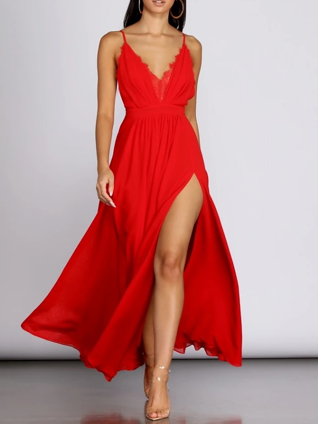  A-Line Prom Dresses Sexy Dress Holiday Prom Floor Length Sleeveless V Neck Polyester with Pleats Slit 2023