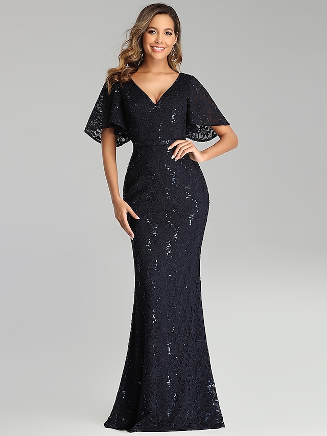  Mermaid / Trumpet Wedding Guest Formal Evening Dress V Neck Short Sleeve Floor Length Lace with Sequin 2021