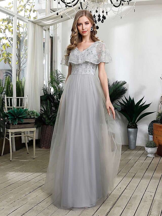  A-Line Evening Dresses Dress Prom Floor Length Short Sleeve V Neck Tulle with Sequin 2022 / Formal Evening