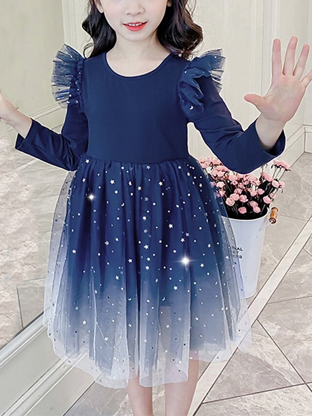  Kids Little Girls' Dress Blue Galaxy Solid Colored Mesh Patchwork Royal Blue Cotton Knee-length Long Sleeve Cute Dresses Children's Day Regular Fit