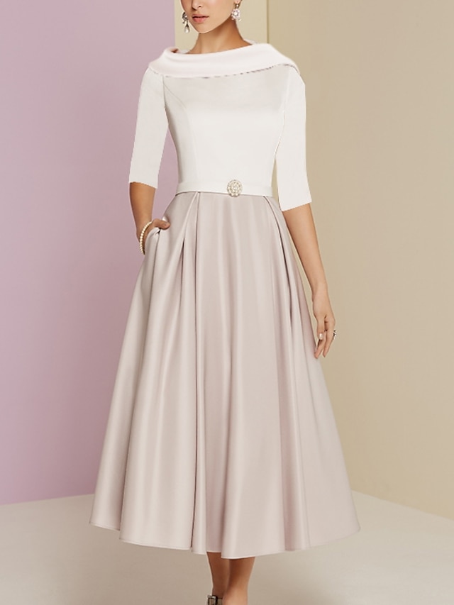  A-Line Mother of the Bride Dress Elegant Vintage Jewel Neck Tea Length Charmeuse Half Sleeve with Pleats Crystals 2022