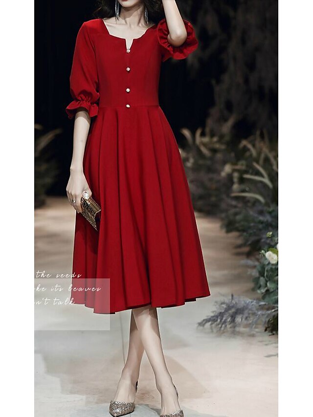  A-Line Minimalist Homecoming Cocktail Party Dress V Neck Half Sleeve Knee Length Spandex with Buttons 2021