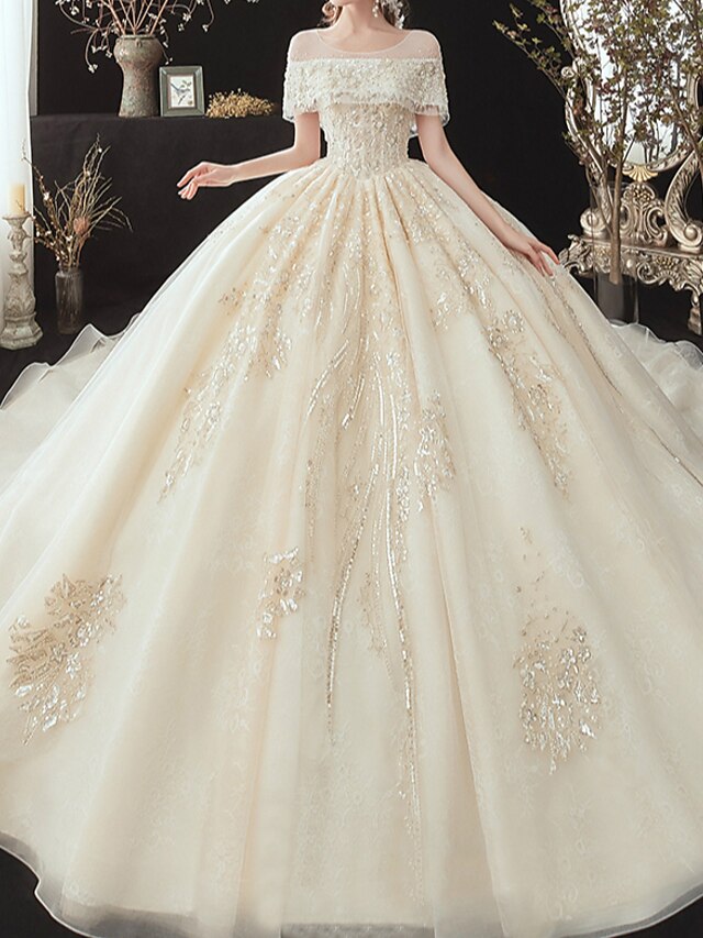 Ball Gown Wedding Dresses Off Shoulder Watteau Train Lace Tulle ...