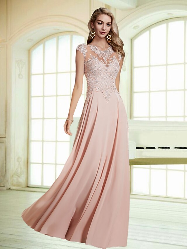  A-Line Empire Wedding Guest Formal Evening Dress Jewel Neck Sleeveless Floor Length Chiffon Lace with Appliques 2021