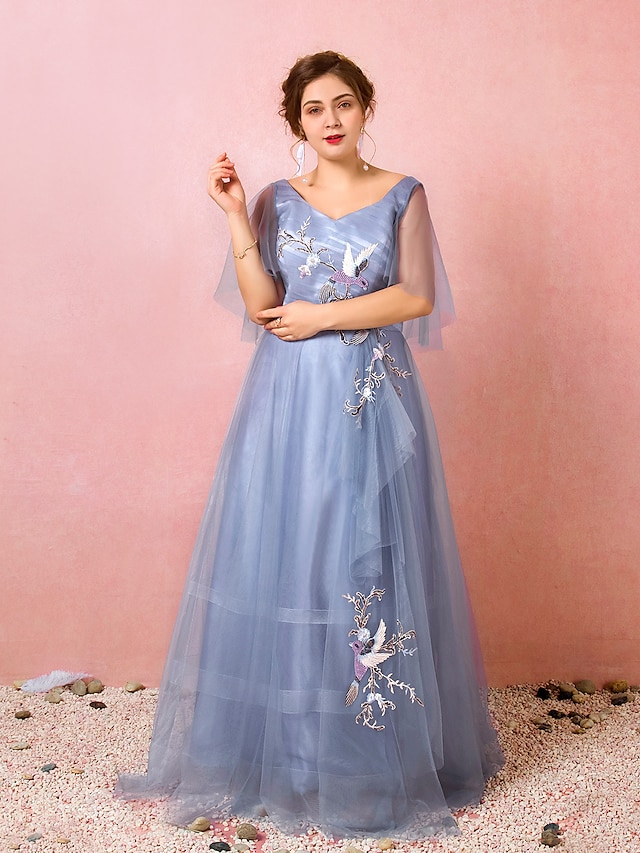  A-Line Prom Dresses Chinese Style Dress Prom Formal Evening Floor Length Half Sleeve V Neck Satin with Ruched Embroidery 2024