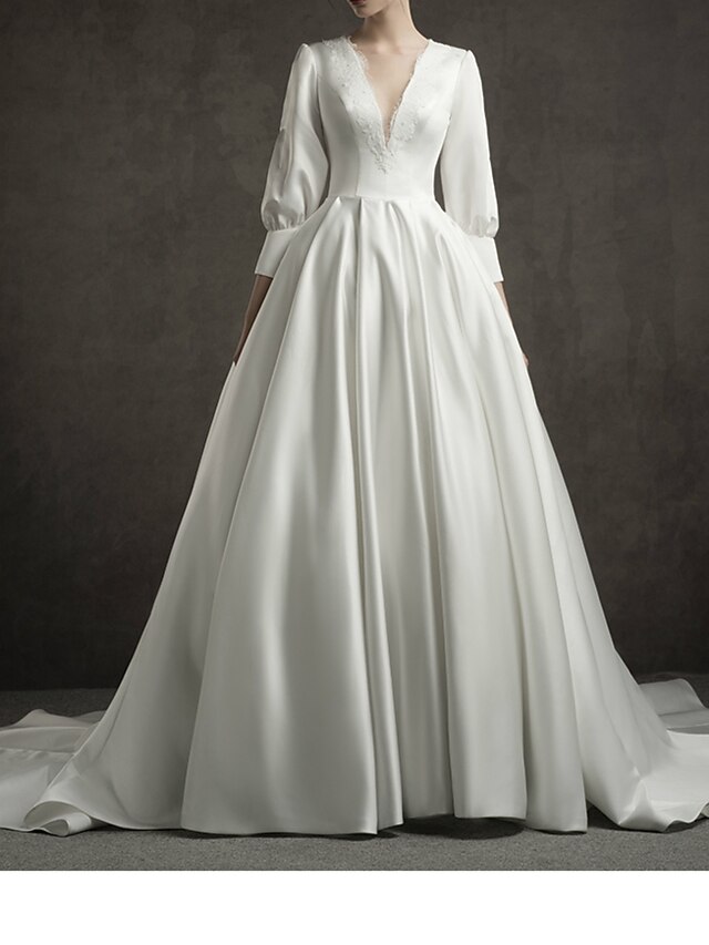 Ball Gown Wedding Dresses V Neck Watteau Train Satin Lace Over Satin 3/ ...
