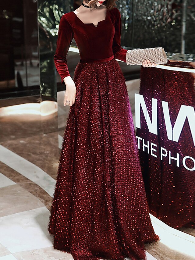  A-Line Glittering Prom Formal Evening Dress Scoop Neck Long Sleeve Floor Length Sequined Velvet with Sequin 2021