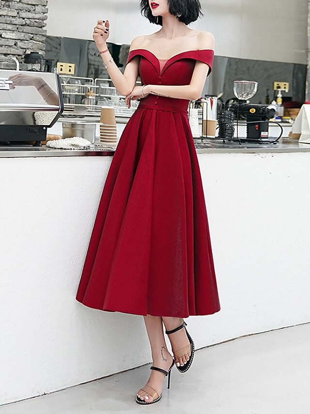  A-Line Minimalist Cocktail Party Prom Dress Off Shoulder Short Sleeve Tea Length Satin with Buttons 2021