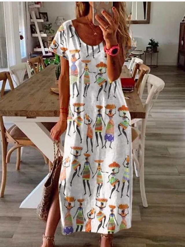 Womens Clothing Womens Dresses | Womens Sundress Maxi long Dress Light Purple Blue White Pink Fuchsia Short Sleeve Print Print S