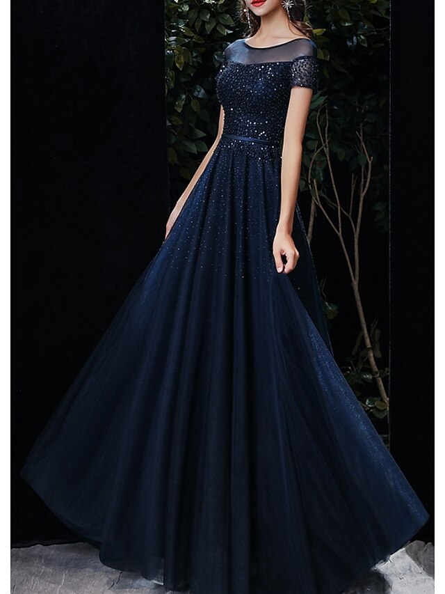  A-Line Empire Prom Formal Evening Dress Illusion Neck Short Sleeve Floor Length Tulle with Beading Sequin 2021