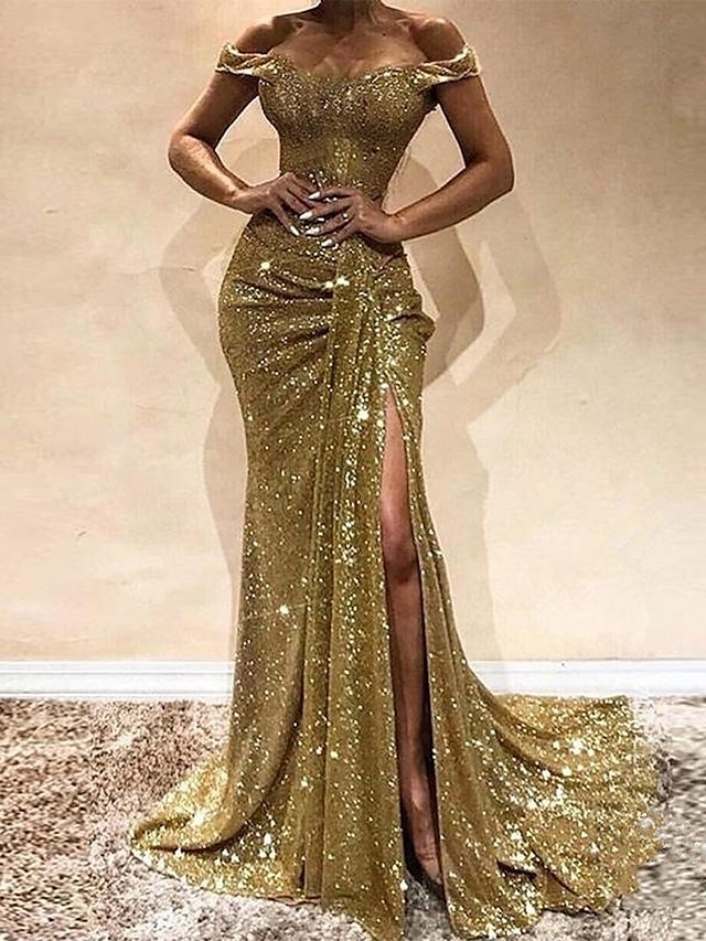  Mermaid / Trumpet Sexy Prom Formal Evening Dress Off Shoulder Sleeveless Sweep / Brush Train Sequined Polyester with Sequin Slit 2021