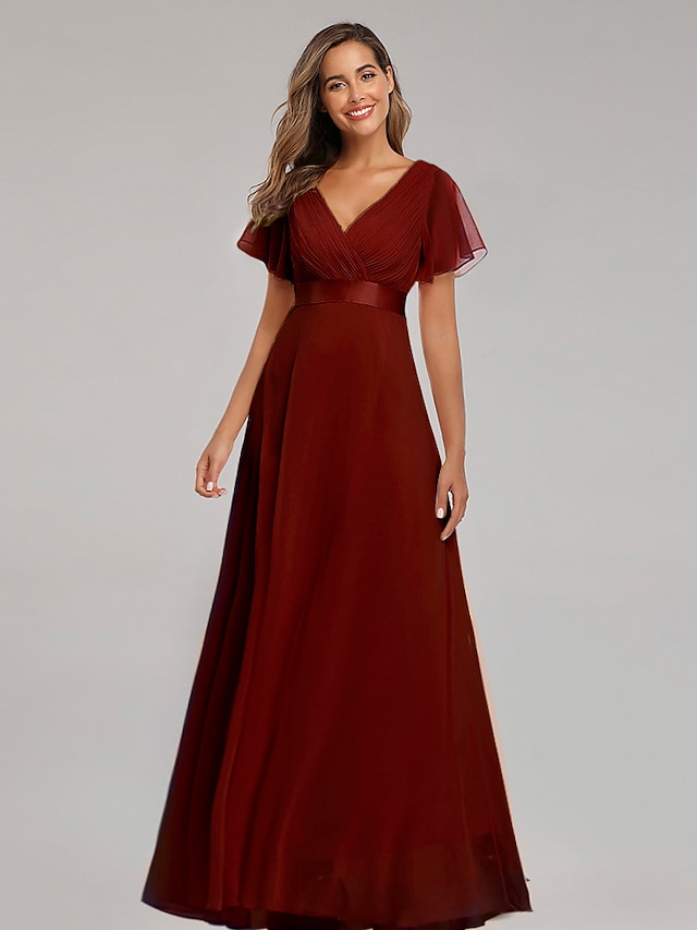  A-Line Prom Dresses Red Green Dress Fall Wedding Guest Dress For Bridesmaid Floor Length Short Sleeve V Neck Chiffon V Back with Ruched Ruffles 2024