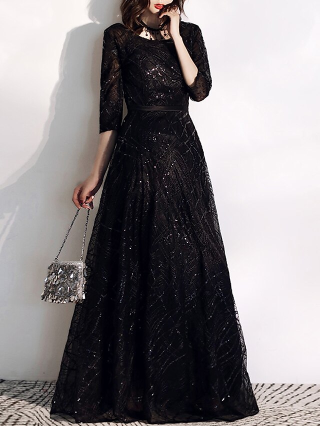  A-Line Glittering Prom Formal Evening Dress Jewel Neck Half Sleeve Floor Length Tulle Sequined with Sequin Embroidery 2021