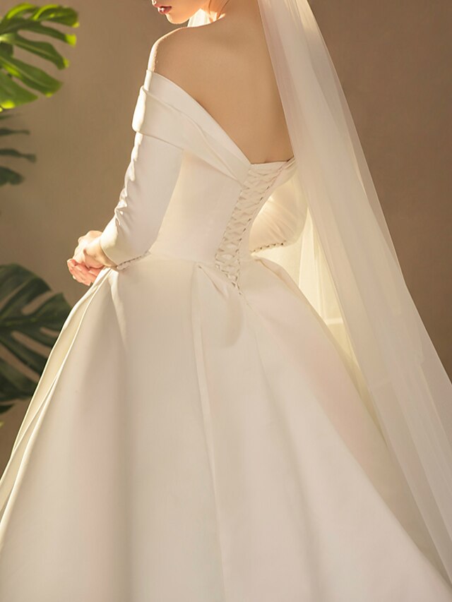 Ball Gown Wedding Dresses Off Shoulder Watteau Train Satin Half Sleeve ...
