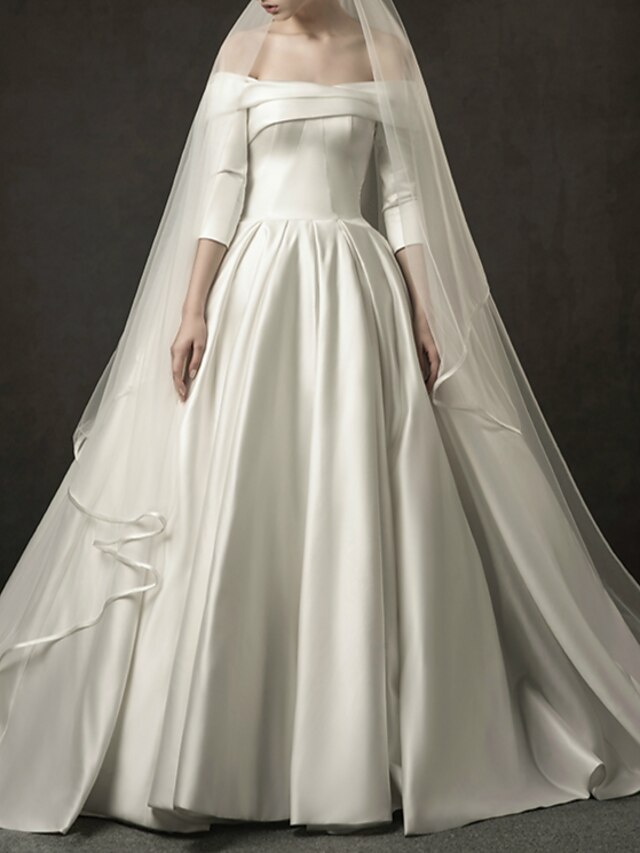 Ball Gown Wedding Dresses Off Shoulder Watteau Train Satin Half Sleeve ...