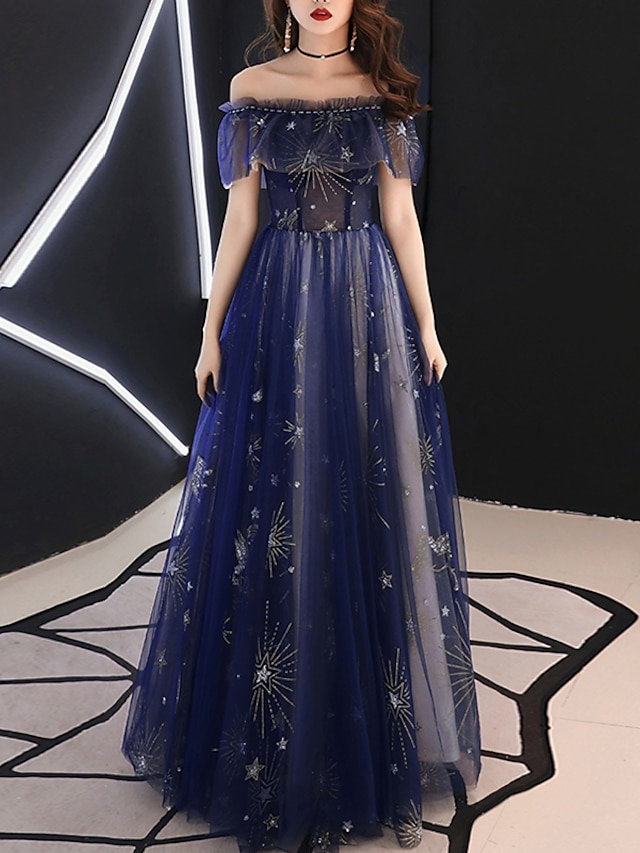  A-Line Sparkle Prom Formal Evening Dress Off Shoulder Short Sleeve Floor Length Tulle with Beading Pattern / Print 2022