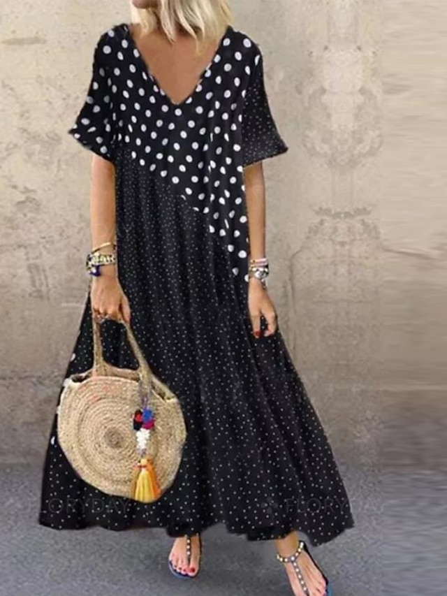 Womens Clothing Womens Dresses | Womens Knee Length Dress Black Short Sleeve Polka Dot Summer V Neck Hot M L XL XXL 3XL 4XL 5XL 