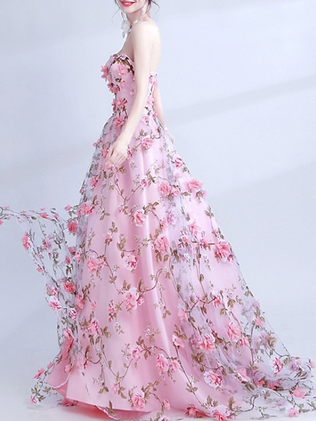  Ball Gown Floral Engagement Formal Evening Dress Sweetheart Neckline Sleeveless Court Train Polyester with Appliques 2021