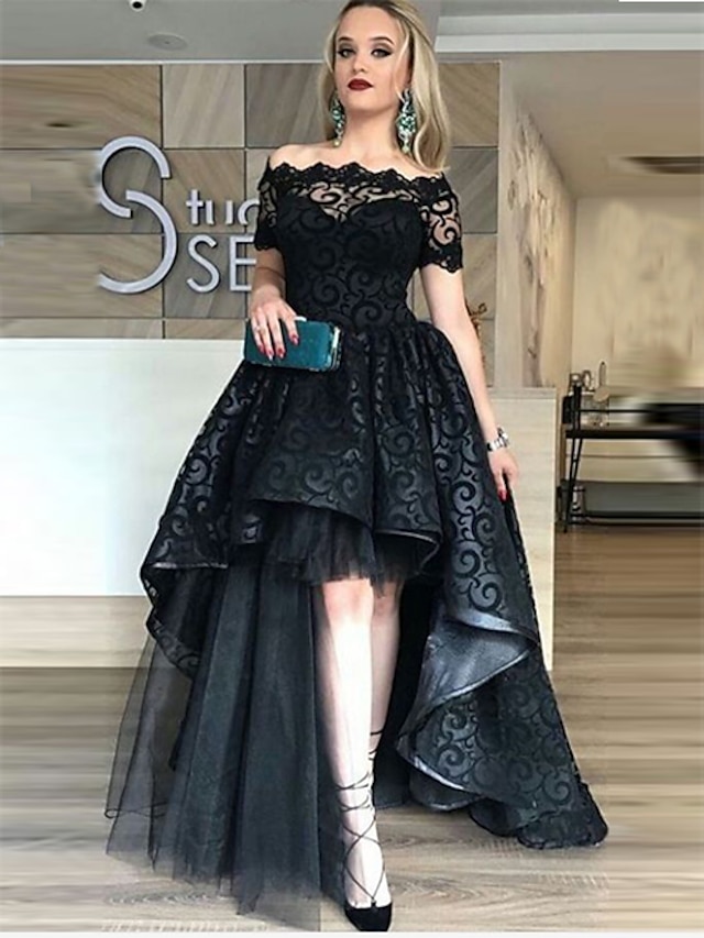 Ball Gown Evening Gown Celebrity Style Dress Prom Formal Evening Asymmetrical Short Sleeve Off Shoulder Lace with Tier Lace Insert 2024
