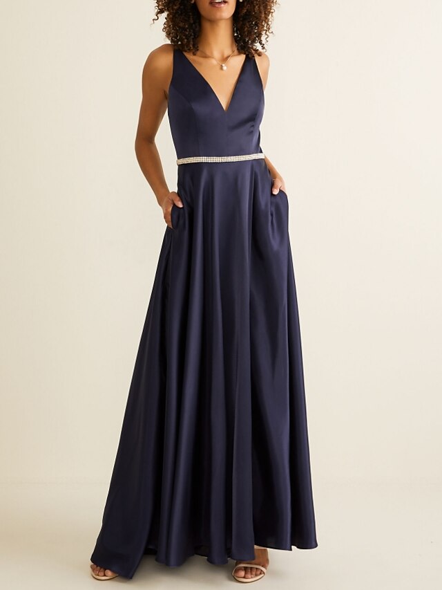  A-Line Bridesmaid Dress V Neck Sleeveless Elegant Floor Length Polyester with Sash / Ribbon / Pleats 2022