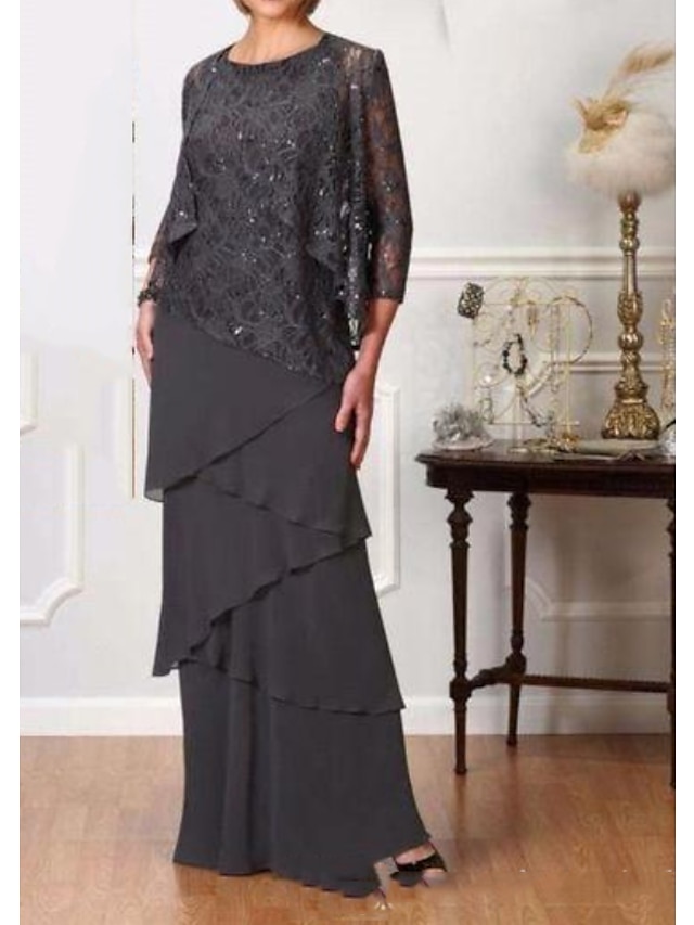  A-Line Mother of the Bride Dress Elegant Jewel Neck Floor Length Chiffon 3/4 Length Sleeve with Cascading Ruffles 2024